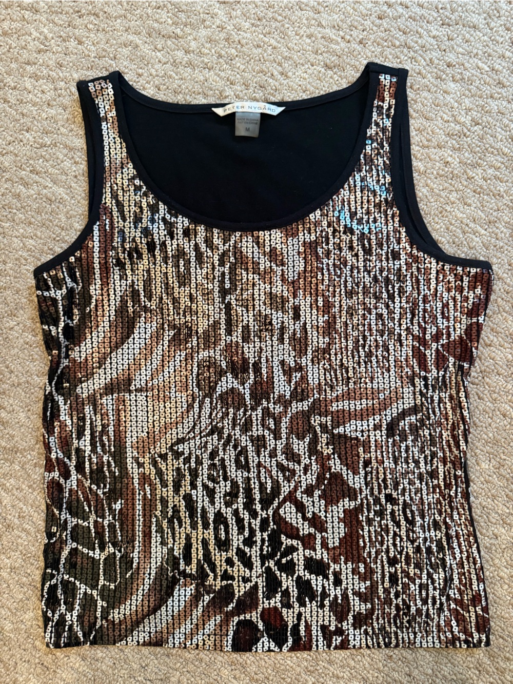 Peter Nygard Black and Brown Sequin Animal Print Tank
